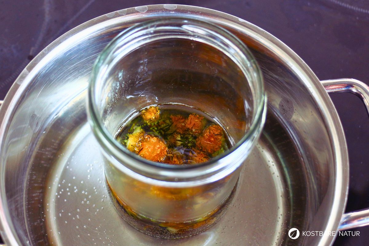 Löwenzahnblüten und Kokosöl im Wasserbad