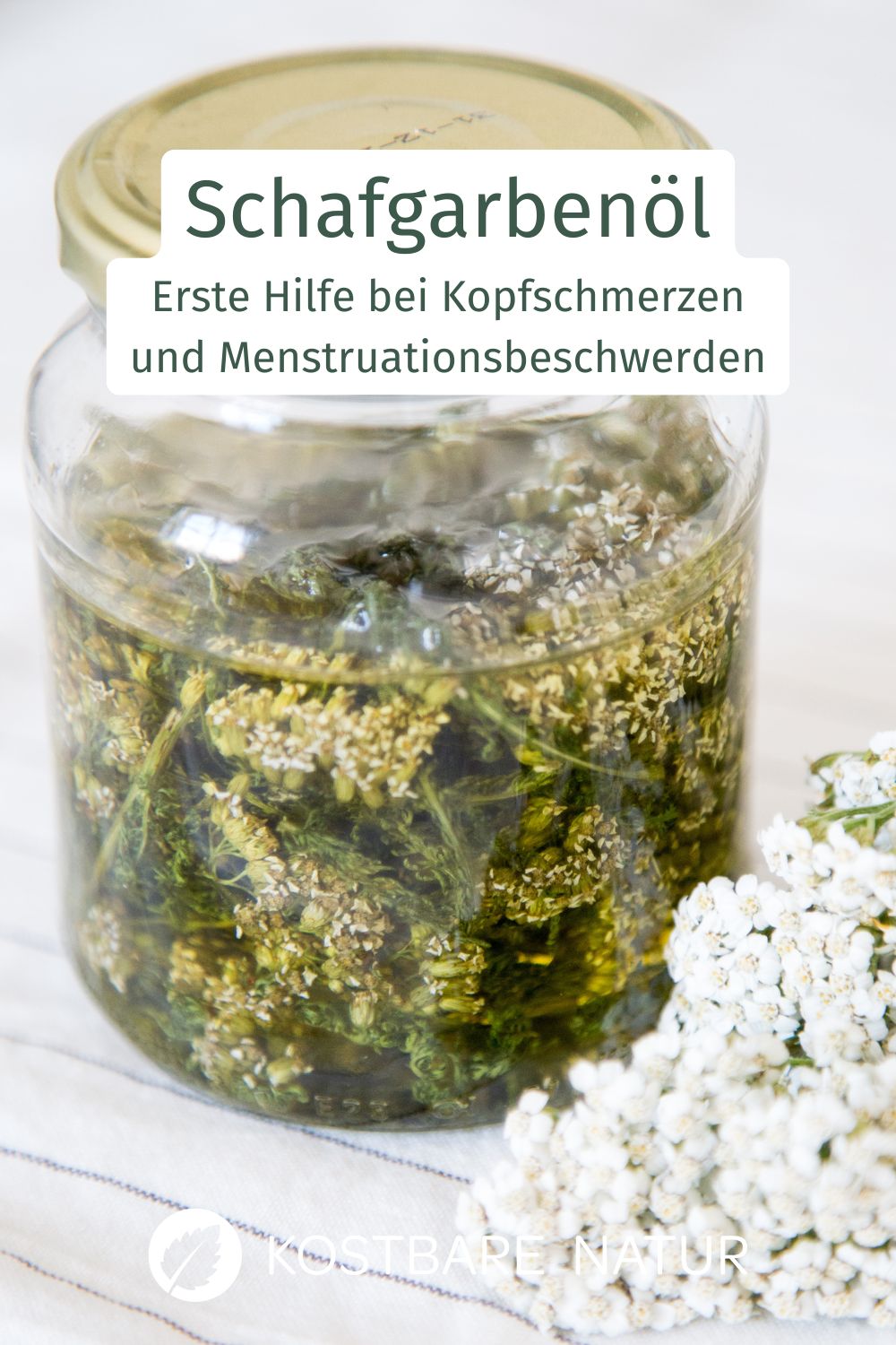 Die weit verbreitete Schafgarbe ist ein wirksamen Arzneikraut, das dir in als Schafgarbenöl bei Unterleibskrämpfen und Migräne helfen kann.