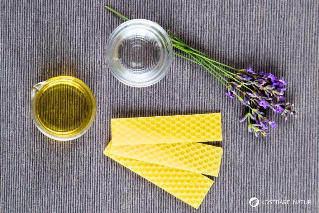 Zutaten für Lippenbalsam, Kokosöl, Bienenwachs, Lavendelöl