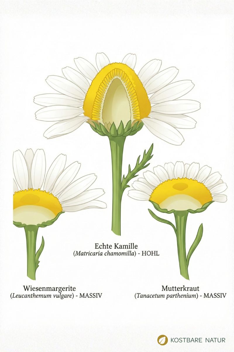 Kamille im Vergleich zu Wiesenmargerite und Mutterkraut