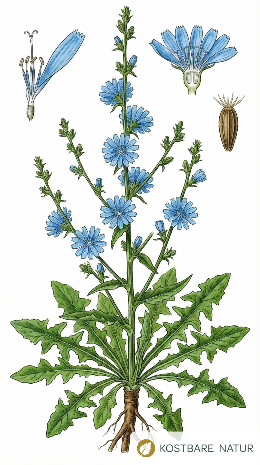 Wegwarte, Gemeine (Cichorium intybus) Erkennung Pflanzenzeichnung Kostbare Natur