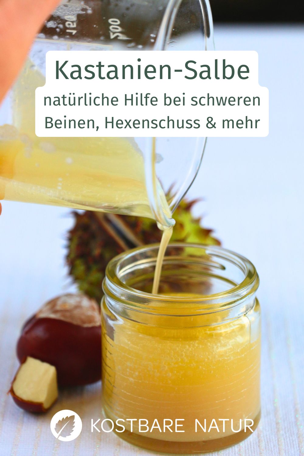 Die heilsame Wirkung der Rosskastanie in einer selbstgemachten Salbe - gegen schwere Beine, Gelenkbeschwerden, Entzündungen und mehr.
