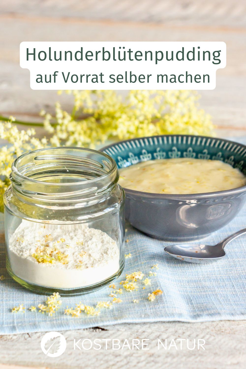 Holunderblütenpudding ist nicht nur köstlich, du kannst ihn sogar auf Vorrat zubereiten in Form einer hausgemachten Fertigmischung.