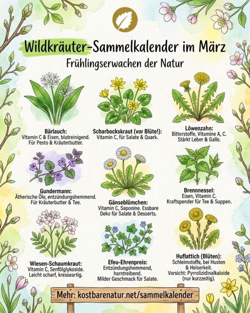 Finde heraus, welche Wildkräuter, Wildfrüchte und andere Schätze du zur Zeit finden und wie du sie in der Küche und für die Gesundheit nutzen kannst!