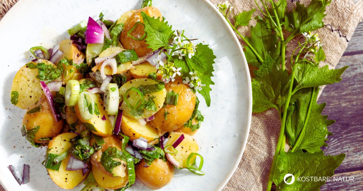 Warmer Kartoffelsalat mit Knoblauchsrauke: Leckeres Rezept mit frischer Wildkräuternote. In nur 30 Minuten zubereitet.