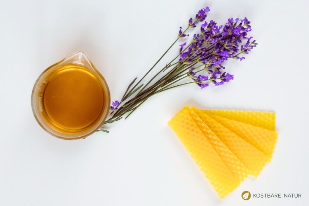 Zutaten, Lavendelöl und Bienenwachs