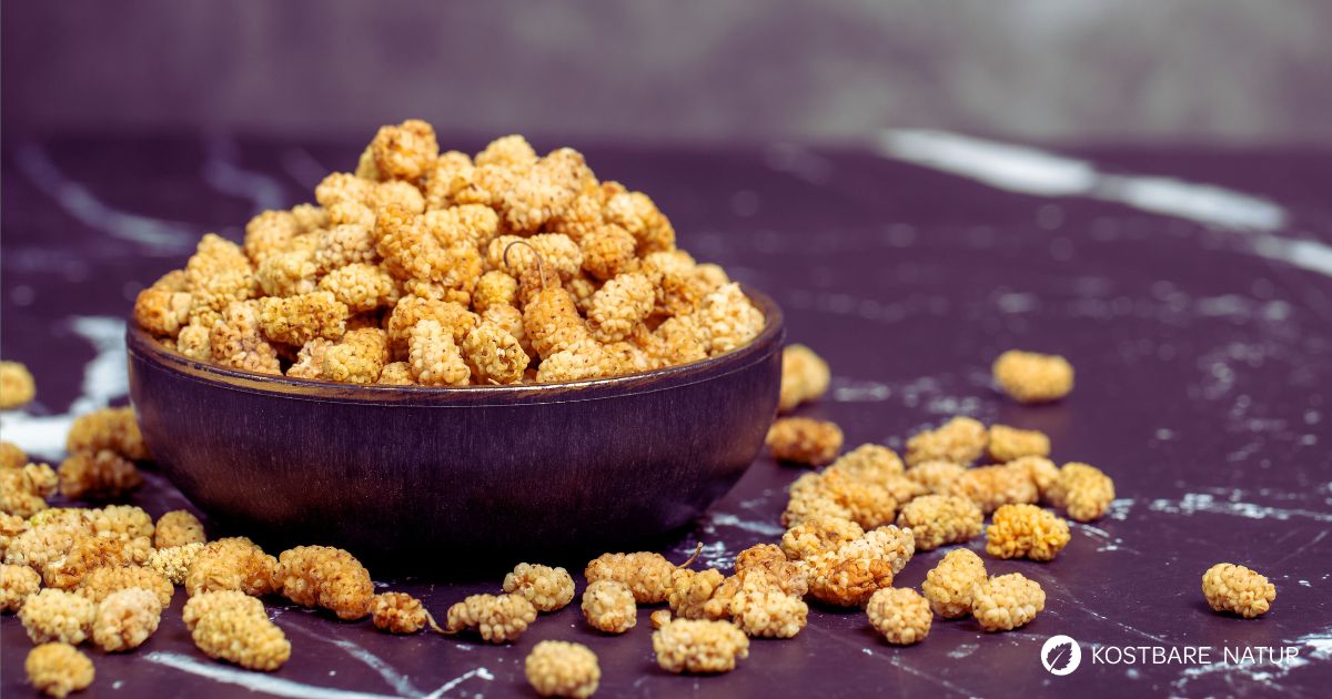 Getrocknete Maulbeeren sind süß, aromatisch und lange haltbar. Perfekt als gesunder Snack oder Zutat fürs Müsli und Gebäck.