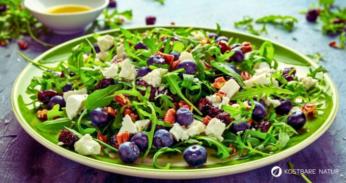 Herzhaftes Heidelbeer-Salat-Rezept mit Ziegenkäse und Vollkornbrot. Schnell gemacht, gesund und fruchtig-wild. Mit Tipps zur Zubereitung und Varianten.