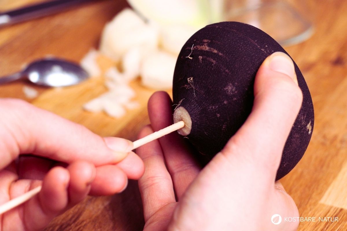 hustensirup-winterrettich-2 (3) Holzspieß durch den Winterrettich schieben