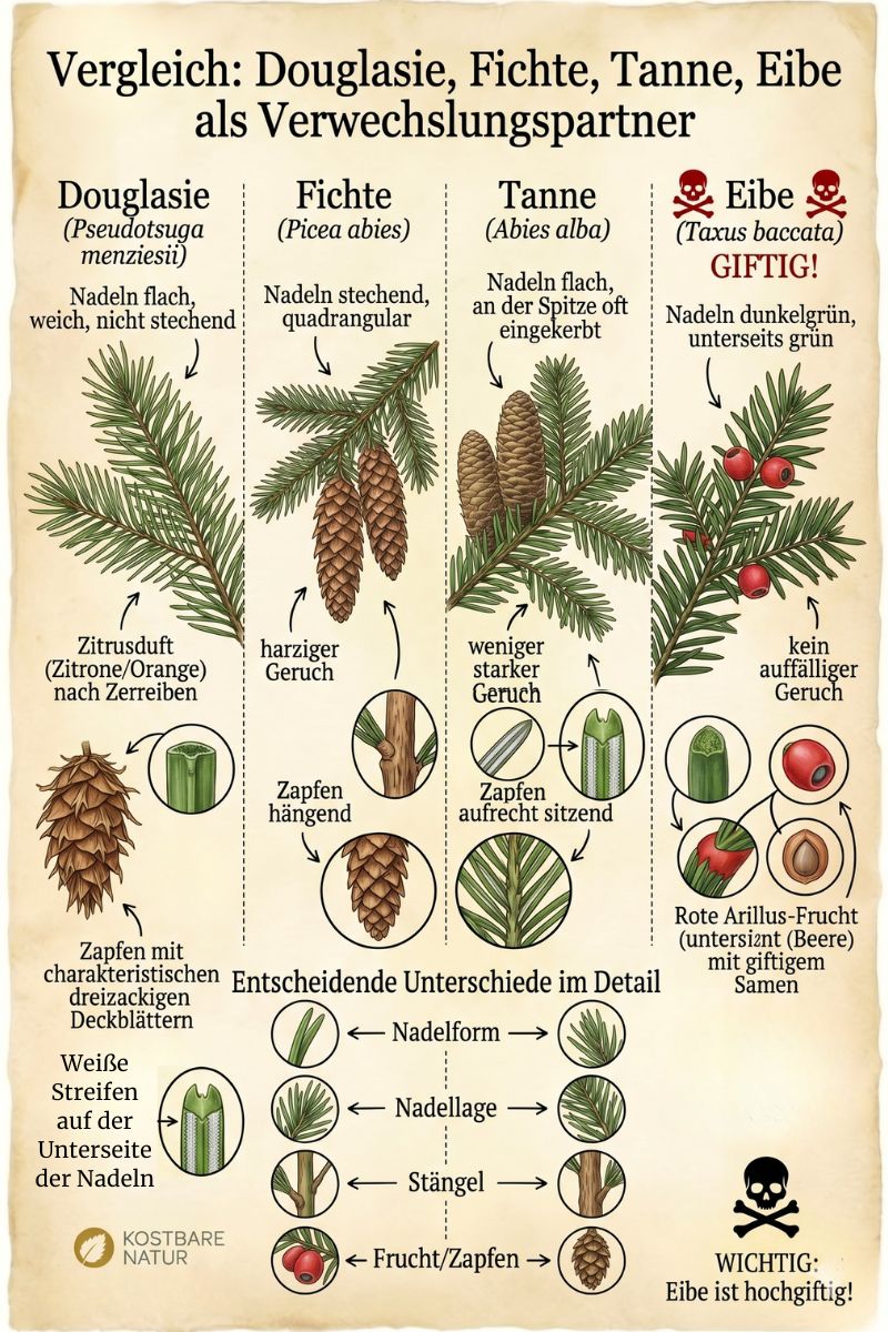 Illustration zur Verwechslungspartnern Douglasie, Tanne, Fichte und Eibe.