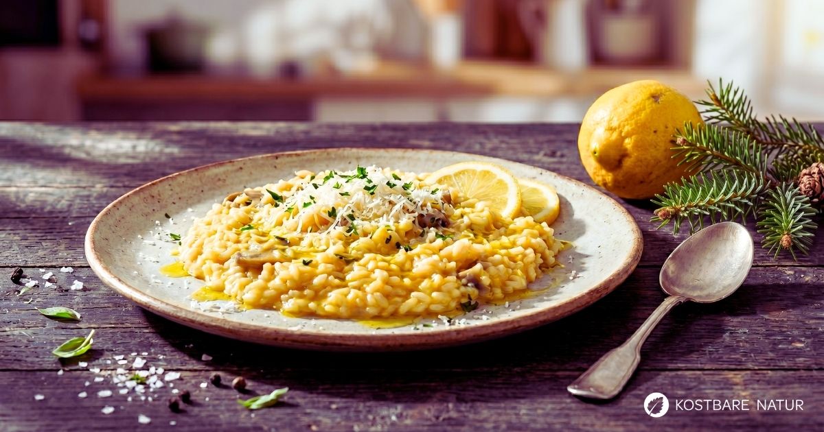 Suchst du ein besonderes Rezept? Dieses Zitronen-Tannennadel-Risotto bringt den frischen Geschmack des Waldes direkt auf deinen Teller.