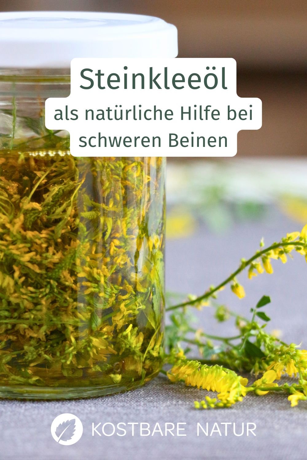 Entdecke die Kraft des Steinklees! Lerne, wie du Steinkleeöl einfach selbst herstellst, um Venenbeschwerden und schwere Beine zu lindern.