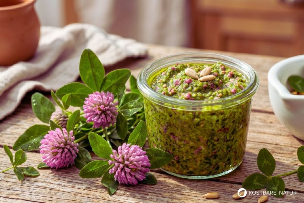 Rotkleepesto im Glas