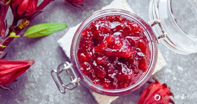 Hibiskusgelee überzeugt mit leuchtend roter Farbe und fruchtig-säuerlichem Aroma. Mit Apfelsaft gelingt der besondere Aufstrich einfach selbst.