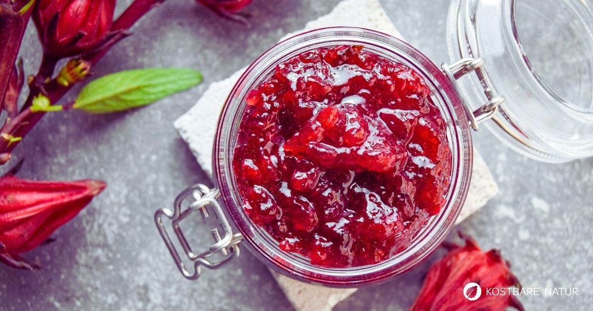 Hibiskusgelee überzeugt mit leuchtend roter Farbe und fruchtig-säuerlichem Aroma. Mit Apfelsaft gelingt der besondere Aufstrich einfach selbst.