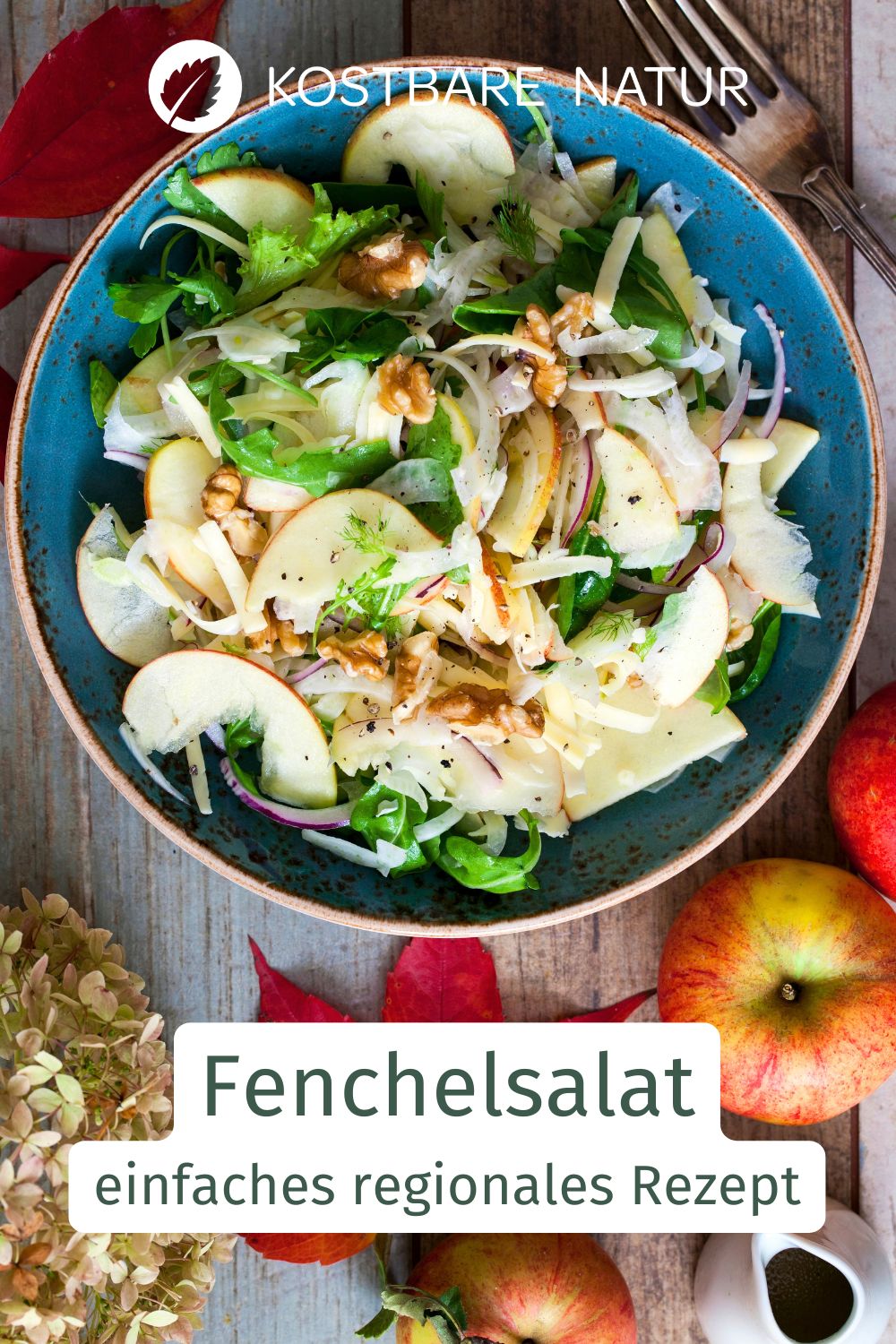 Fenchelsalat mit Apfel, Rucola und Walnüssen bringt regionale Zutaten knackig und frisch auf den Teller.